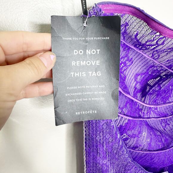 Retrofete Lucie Sequin Lace Semi Sheer Maci Dress Amethyst Purple Medium NEW - Picture 9 of 12